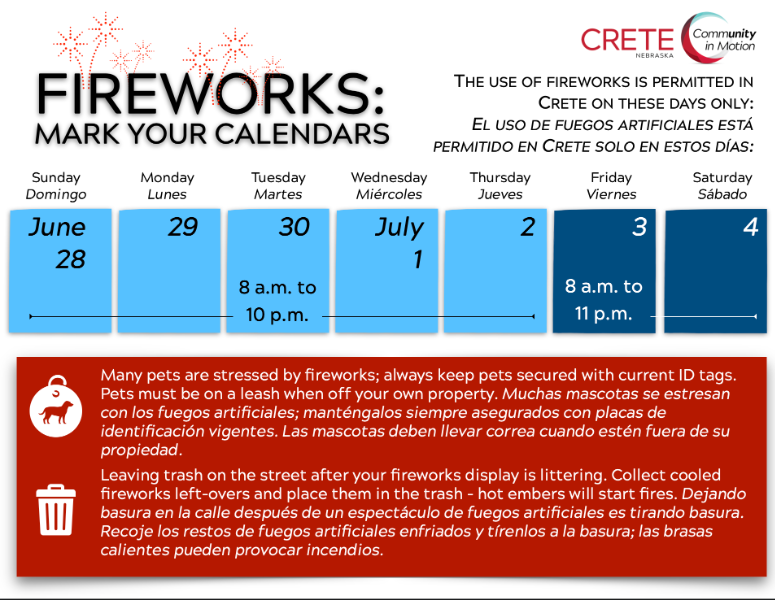 Fireworks can only be discharged in Crete during the following days and times: June 28 - July 2, from 8 a.m. - 10 p.m. and July 3 - July 4, from 8 a.m. - 11 p.m. Many pets are stressed by fireworks; always keep pets secured with current ID tags. Pets must