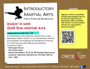 Kickin' It with Gold Star Martial Arts registrations are due by Oct. 23.