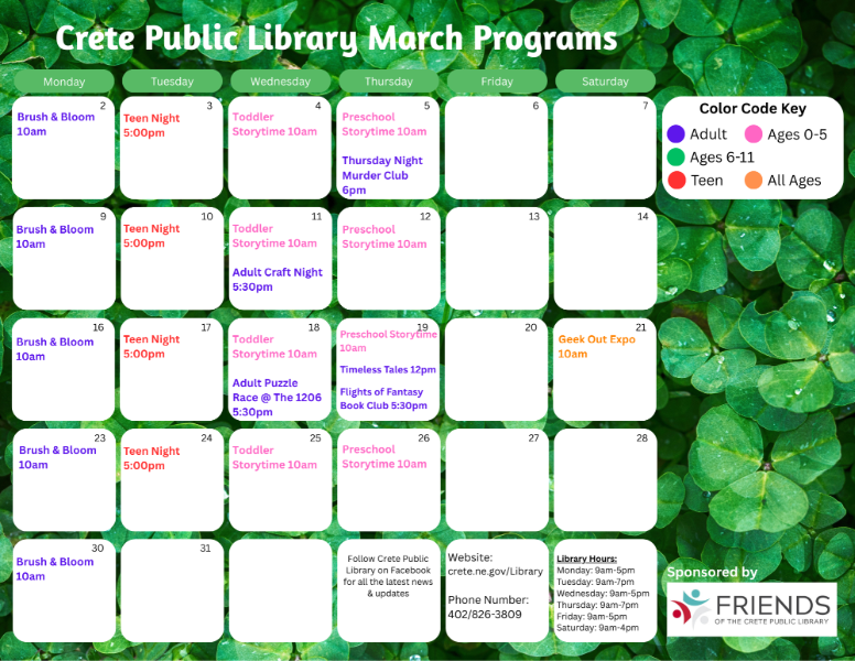 library monthly calendar