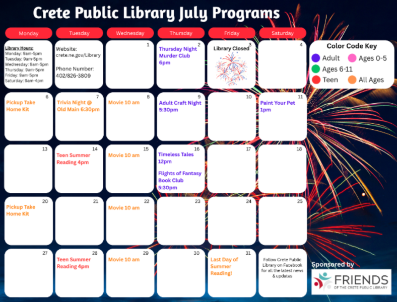 Crete Public Library monthly calendar. (download a pdf version in the link at the top of this article)