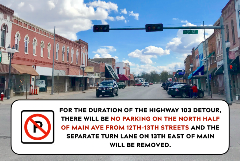 graphic - no parking on north half of Main, 12th-13th, during detour
